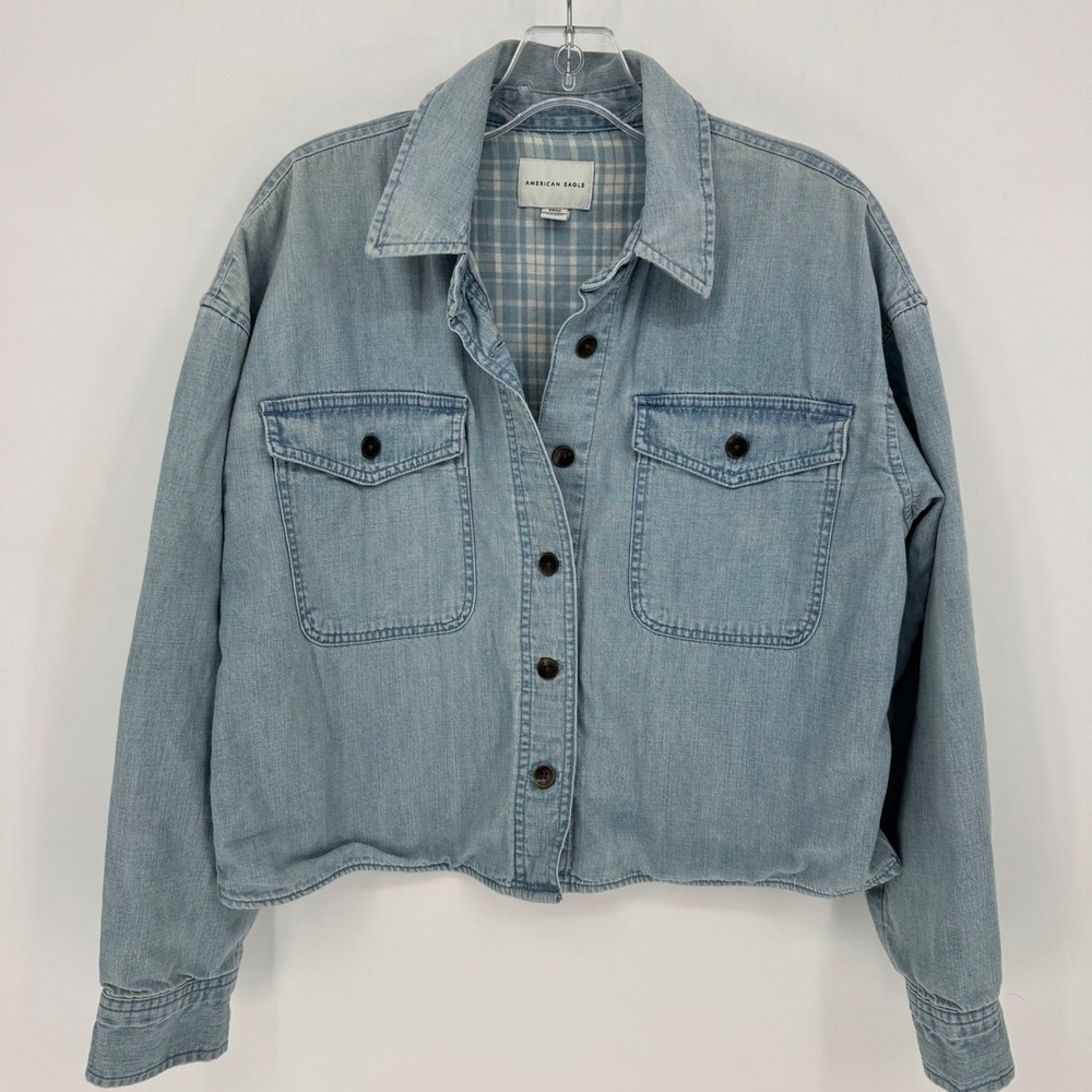 American Eagle Outfitter Denim Shirt Jacket Blue Plaid Lined Distressed Womens S